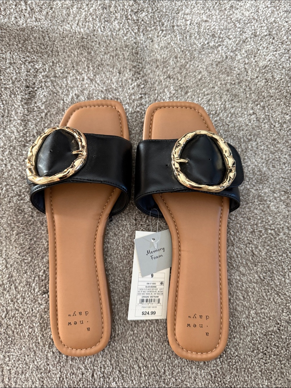 a new day Black Slide Sandals with Gold Round Buckle